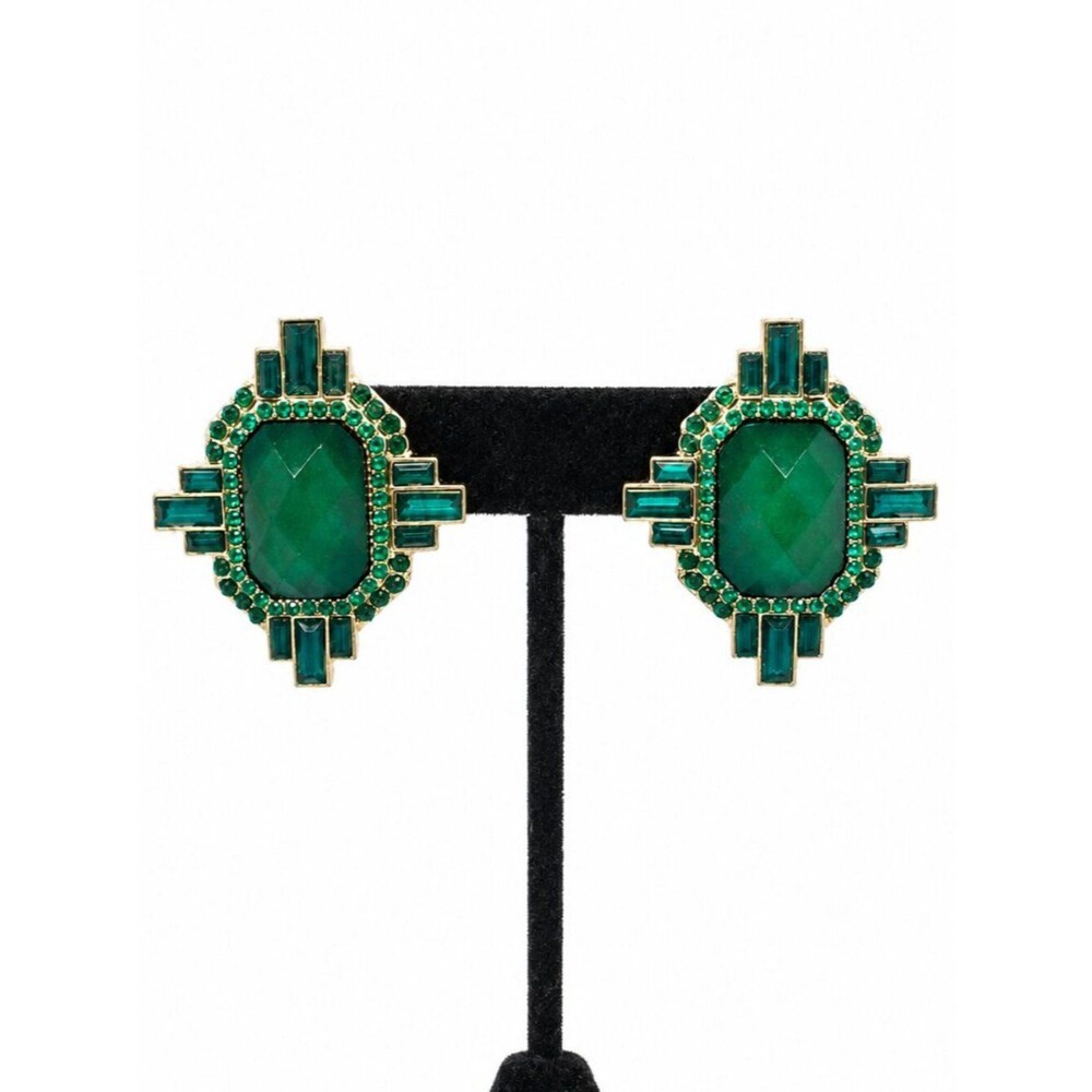ART DECO EARRINGS Green Glass Rhinestone Emerald Color Gold Tone Pierced
